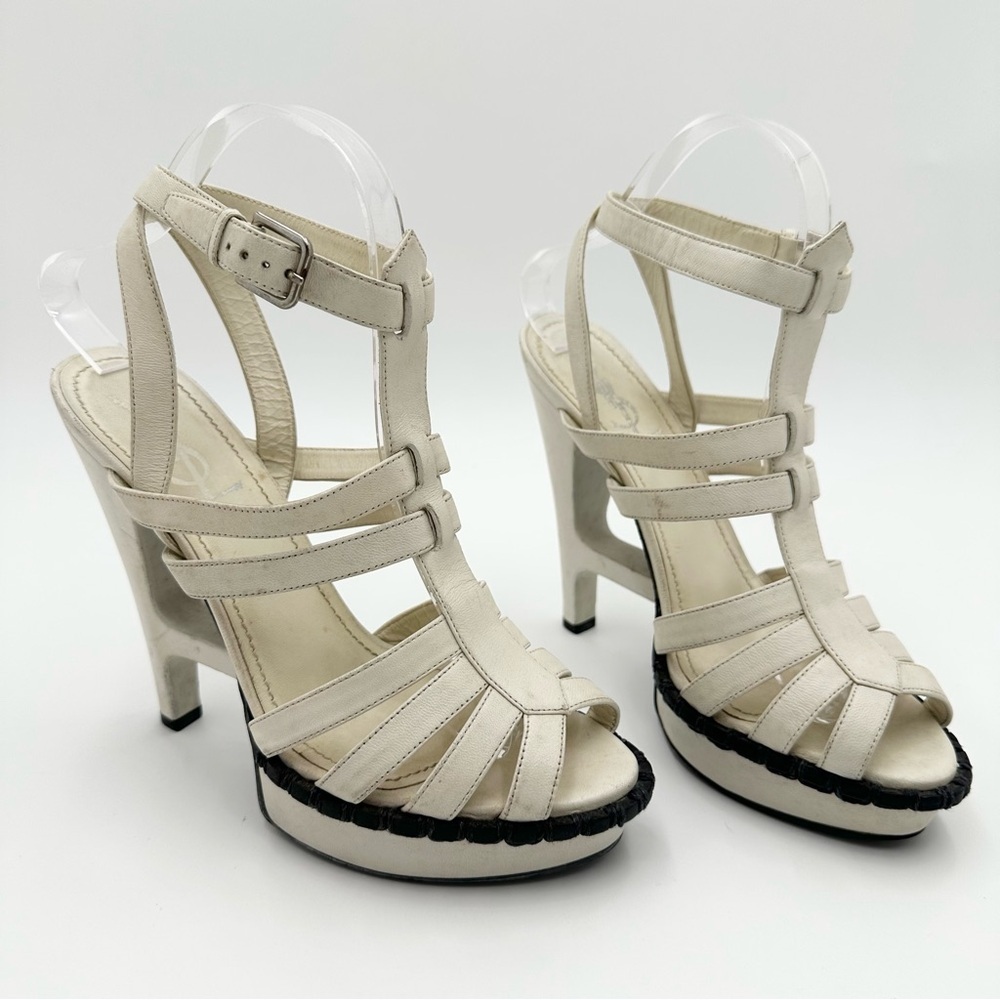 Yves Saint Laurent White Leather Strappy T Strap Heel Sandals